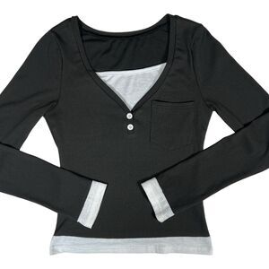 ROMWE Womens XS Black V Neck Long Sleeve Crop Top Soft Stretch Tee Shirt